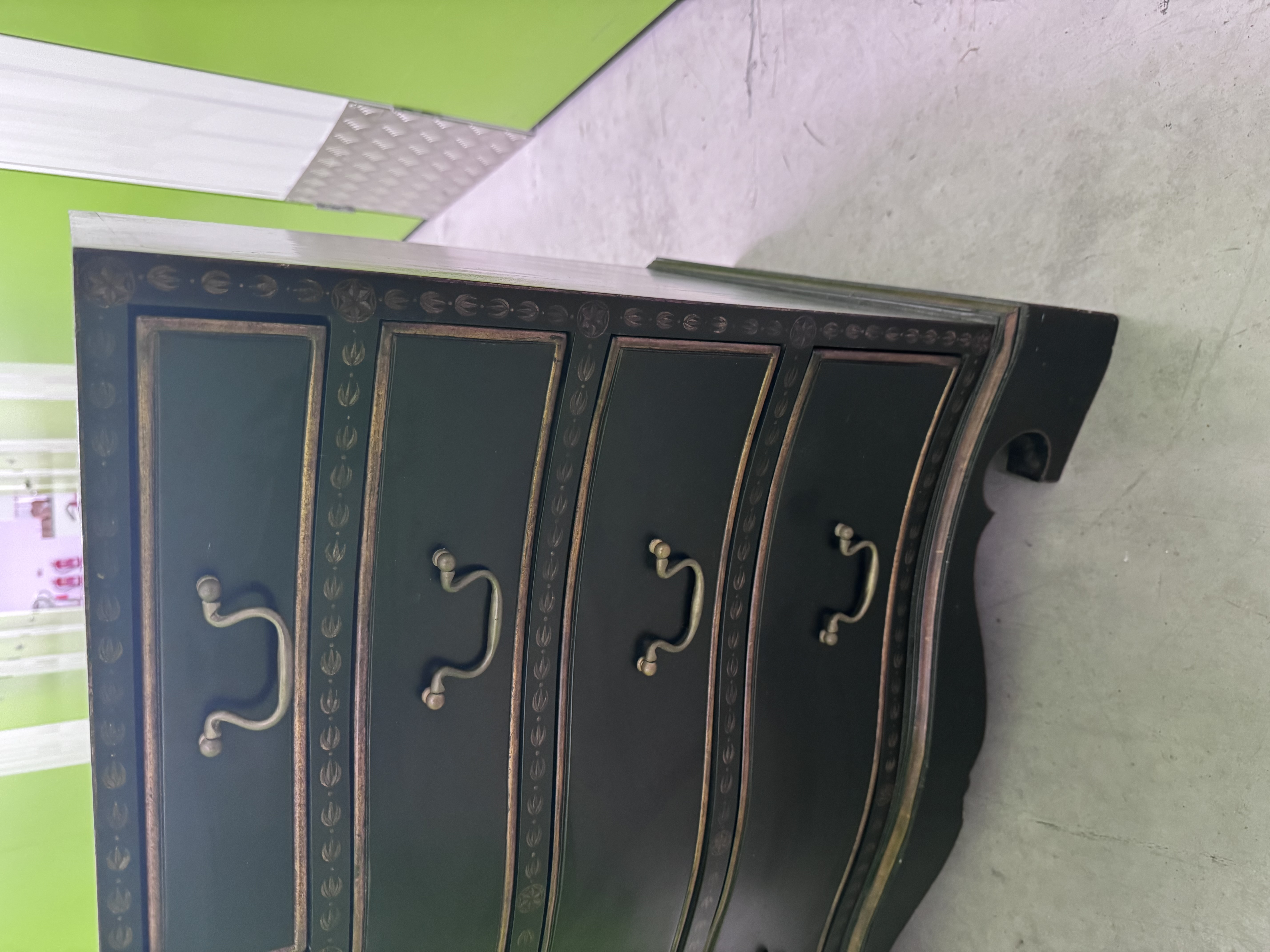 Serpintine Fronted Solid Wood Black Chest of Drawers with Gilt Decoration