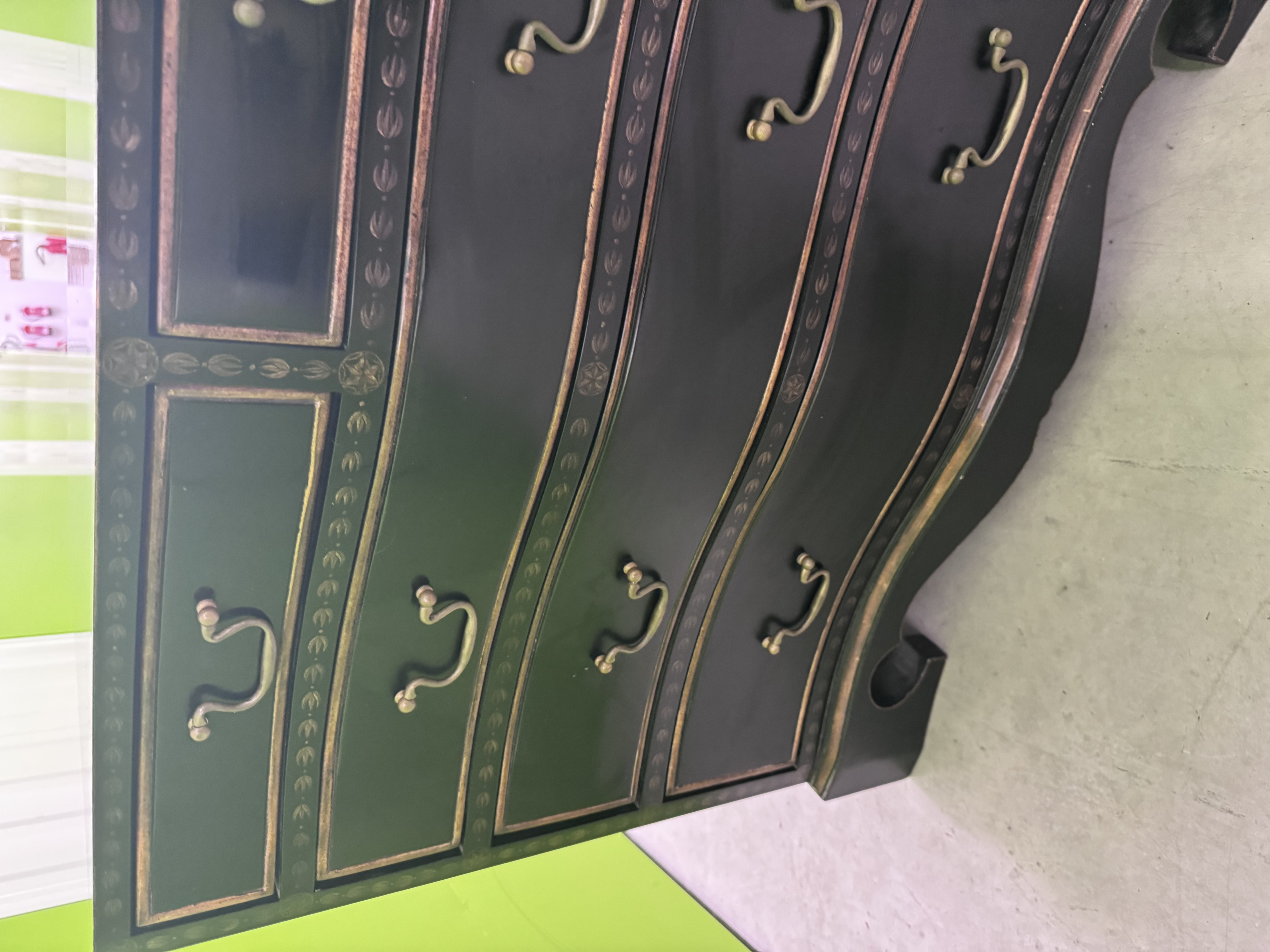 Serpintine Fronted Solid Wood Black Chest of Drawers with Gilt Decoration