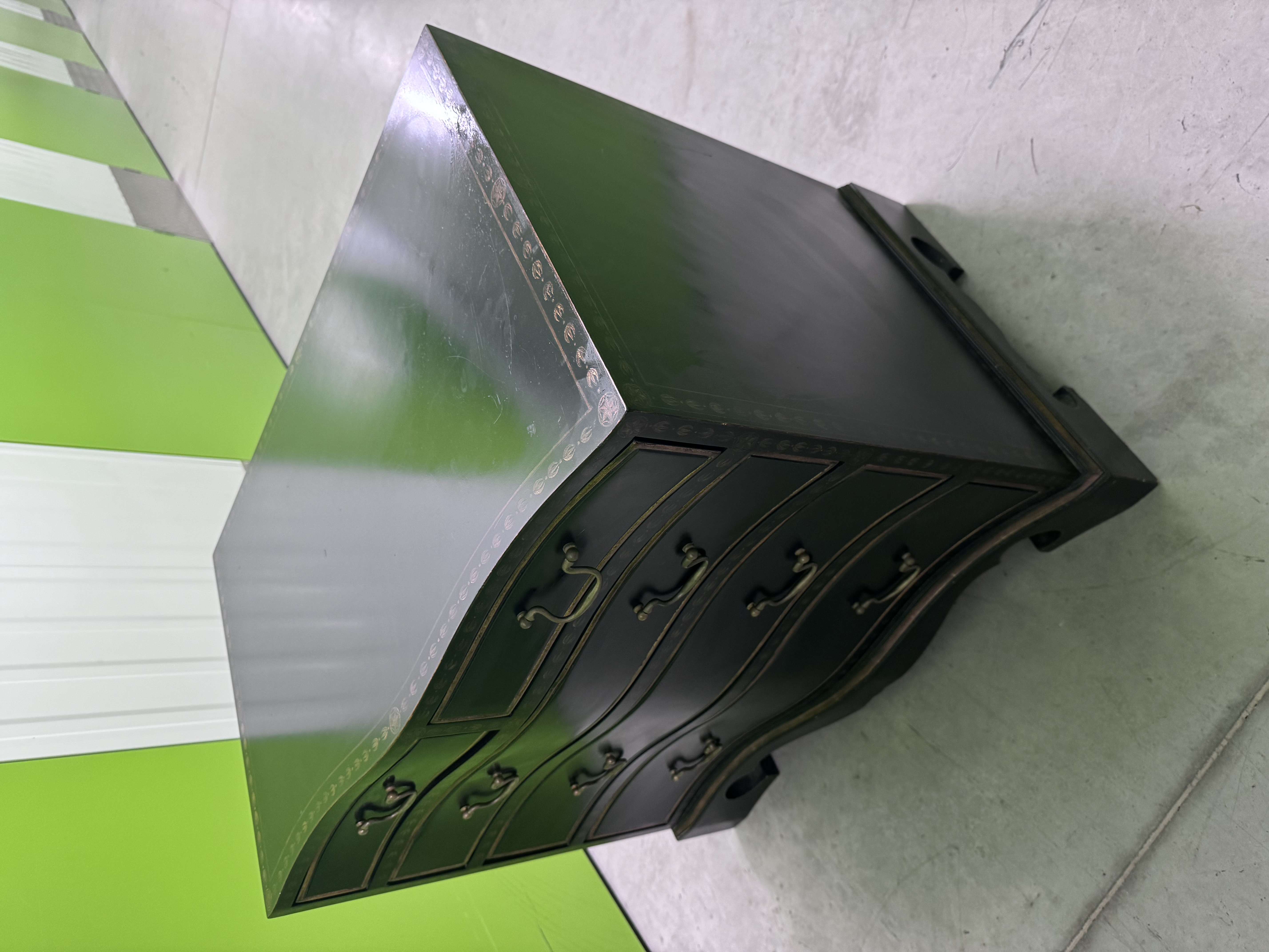 Serpintine Fronted Solid Wood Black Chest of Drawers with Gilt Decoration