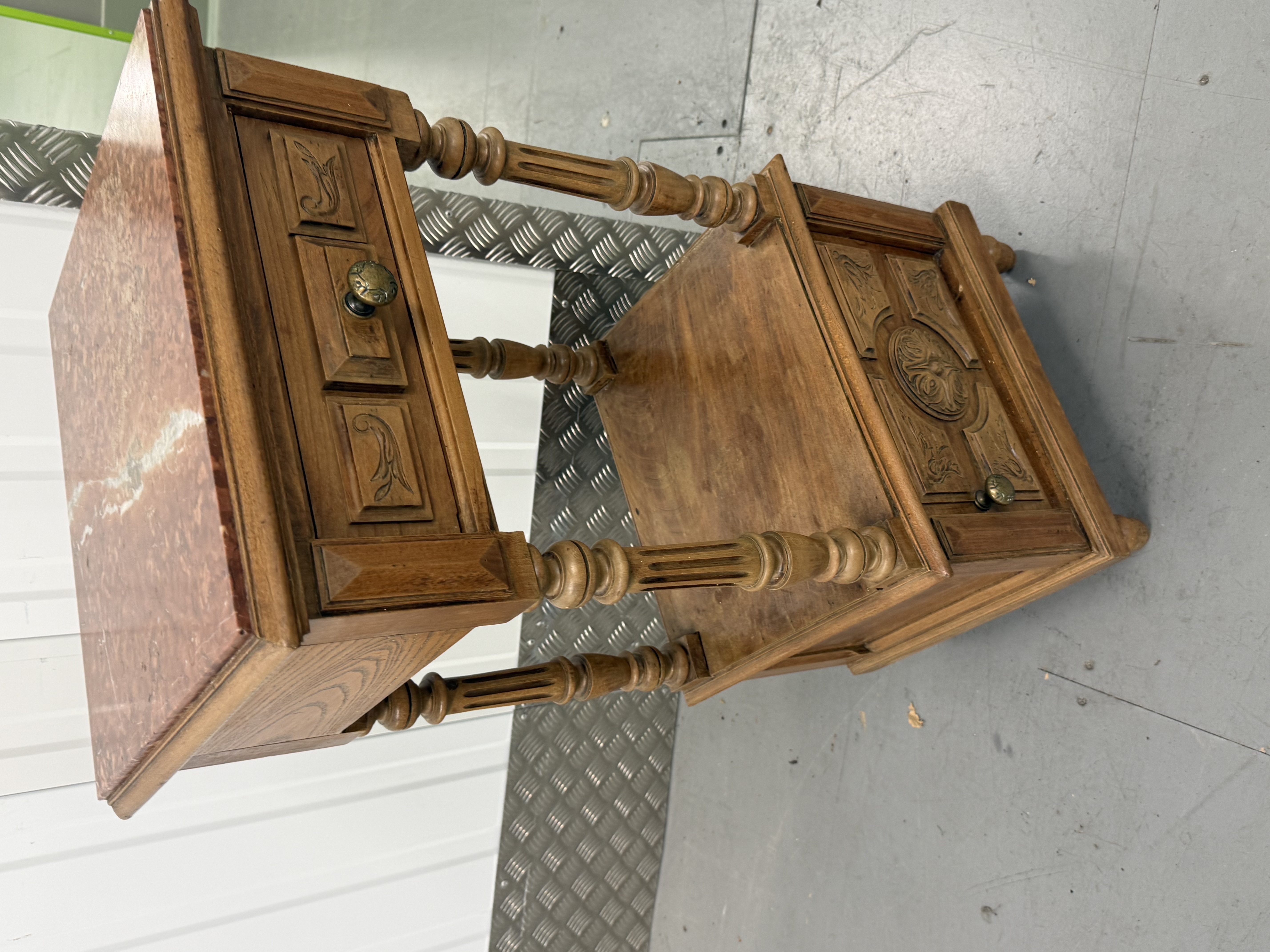 Vintage Oak Marble Top Bedside Cabinet