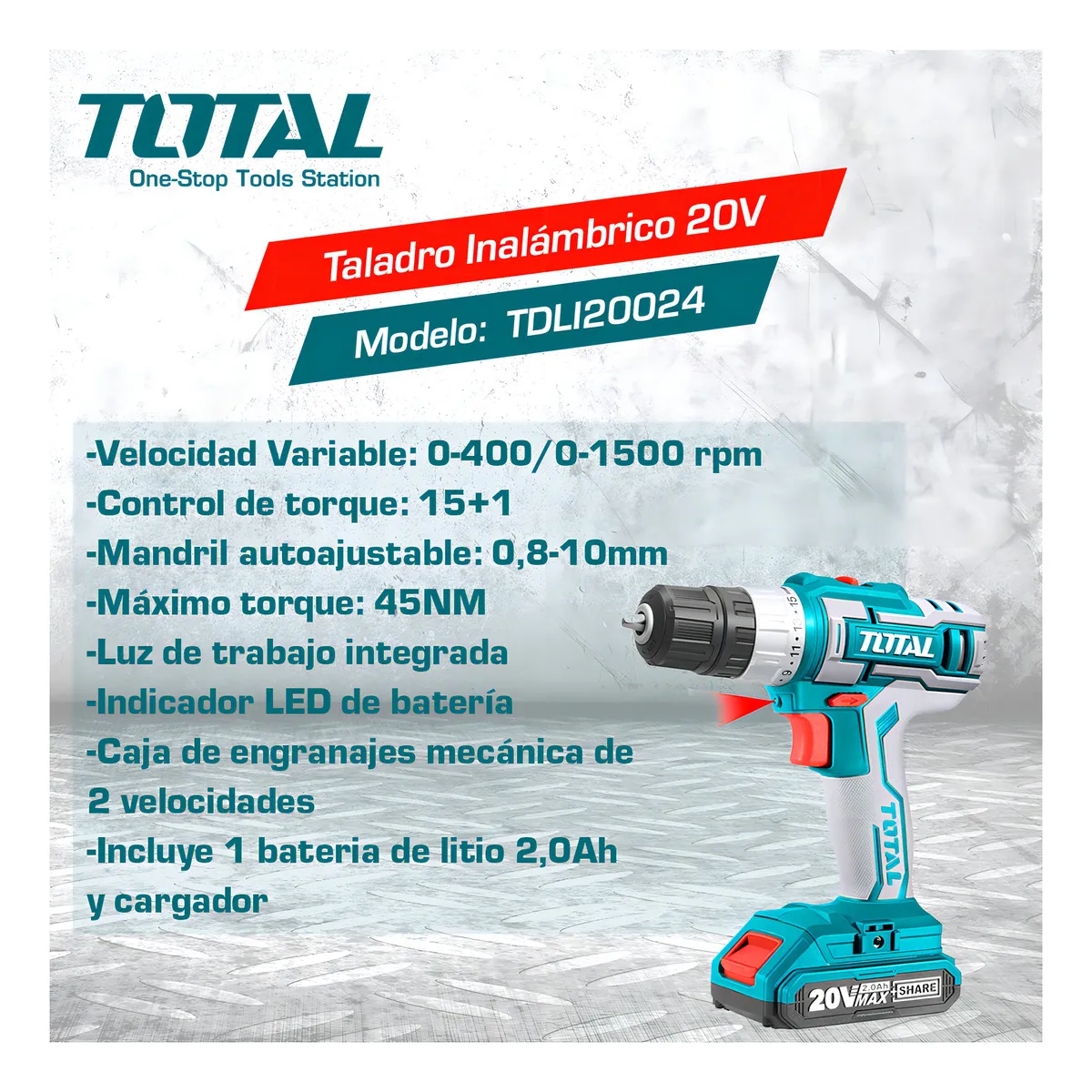 Atornillador Total 20v con 2 baterias y cargador 