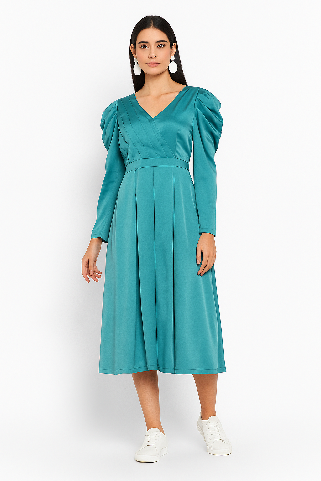 Teal Satin Midi Dress with Pleated Bodice and Puff Sleeves