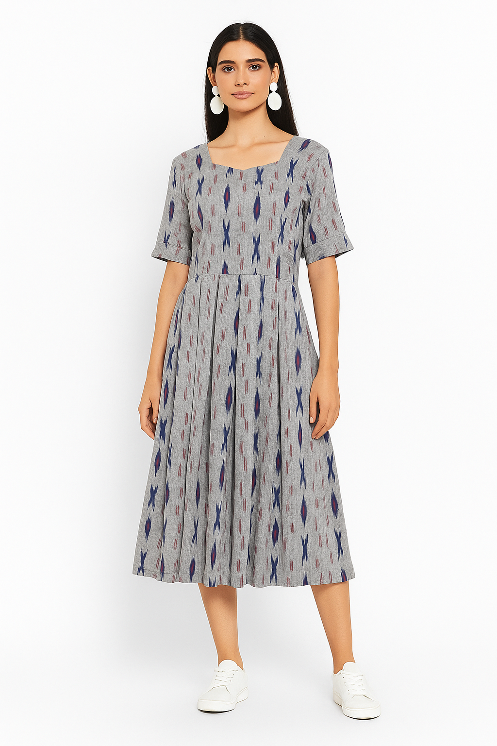 Handloom Ikat Midi Dress with Square Neckline