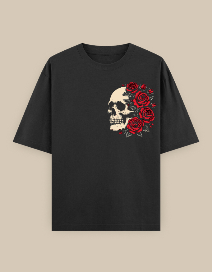Black Skull & Roses Graphic Oversized T-Shirt for Men