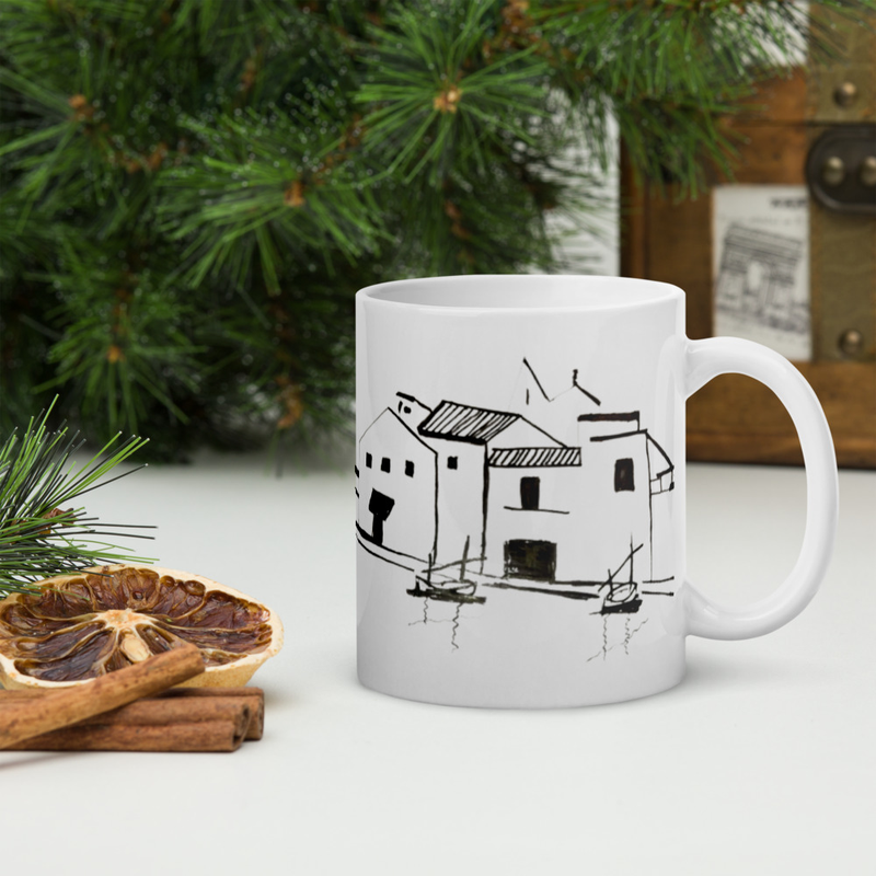 Taza de cerámica con dibujo de casas negro