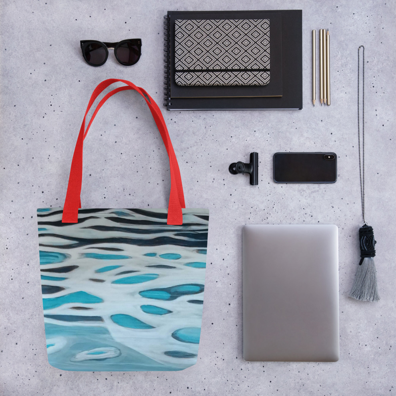 Bolso de tela azul con diseño de agua