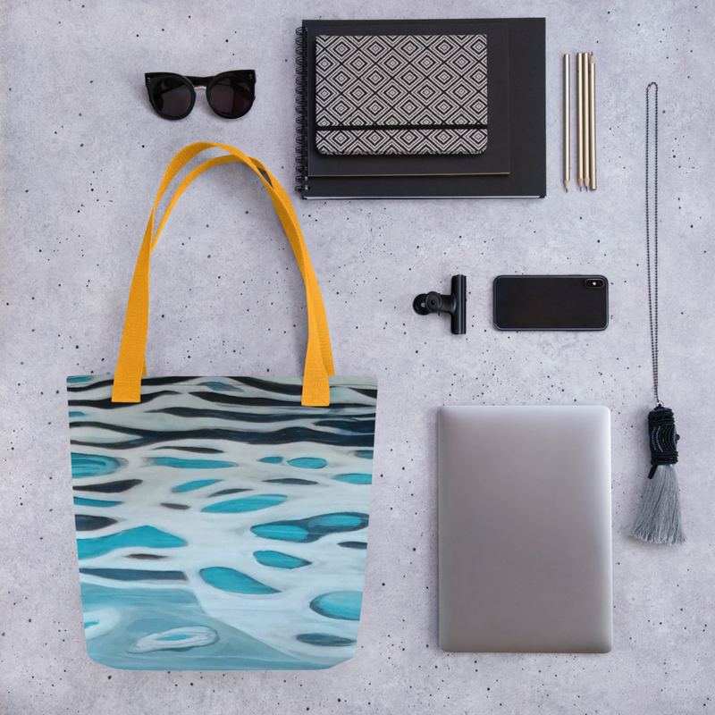 Bolso de tela azul con diseño de agua