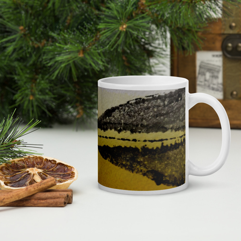 Taza blanca decorativa negro sobre amarillo