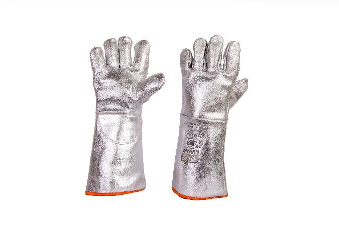 LUVA DE RASPA ALUMINIZADA TOTAL FORRADA COM GRAFATEX E FELTRO PUNHO 20 COM FORRAÇÃO EM DEBRUM LARANJA