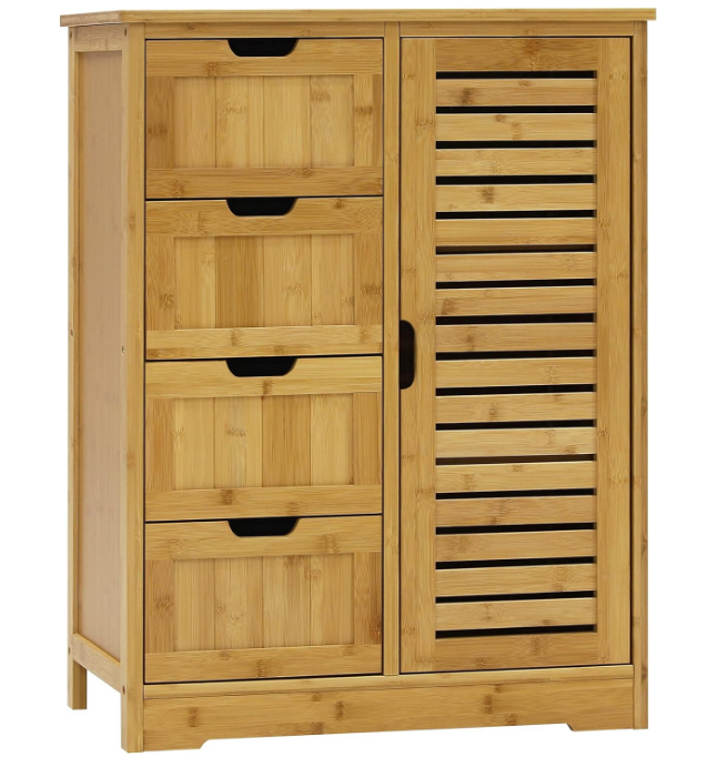 Small Storage Cabinet Bamboo with 4 Drawers and 1 Cupboard, Freestanding Compact Floor Cabinet Bamboo for Entryway and Bathroom, Natural
