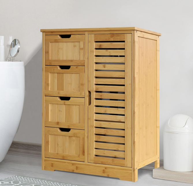 Small Storage Cabinet Bamboo with 4 Drawers and 1 Cupboard, Freestanding Compact Floor Cabinet Bamboo for Entryway and Bathroom, Natural