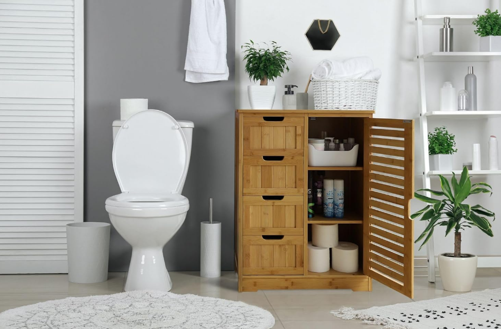 Small Storage Cabinet Bamboo with 4 Drawers and 1 Cupboard, Freestanding Compact Floor Cabinet Bamboo for Entryway and Bathroom, Natural