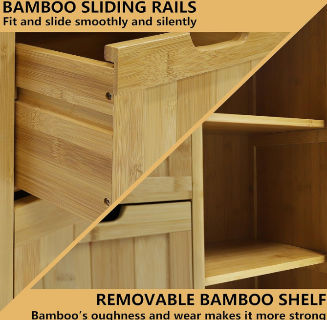 Small Storage Cabinet Bamboo with 4 Drawers and 1 Cupboard, Freestanding Compact Floor Cabinet Bamboo for Entryway and Bathroom, Natural