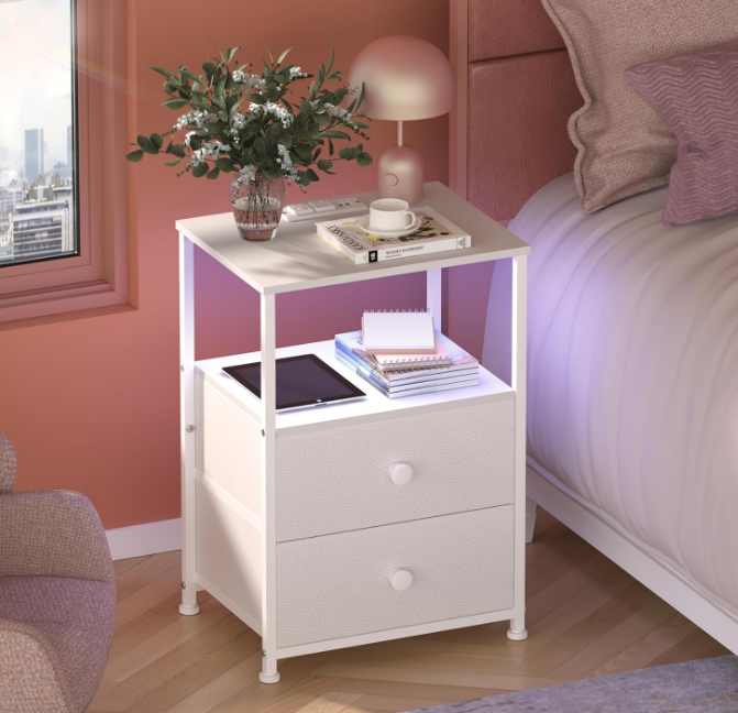 Sofa End Tables with Charging Station LED Light Nightstand Bedroom Bed Side Dresser with Fabric Drawers Open Storage Shelf Living Room with USB Ports and Outlet (White, 1 Pack)