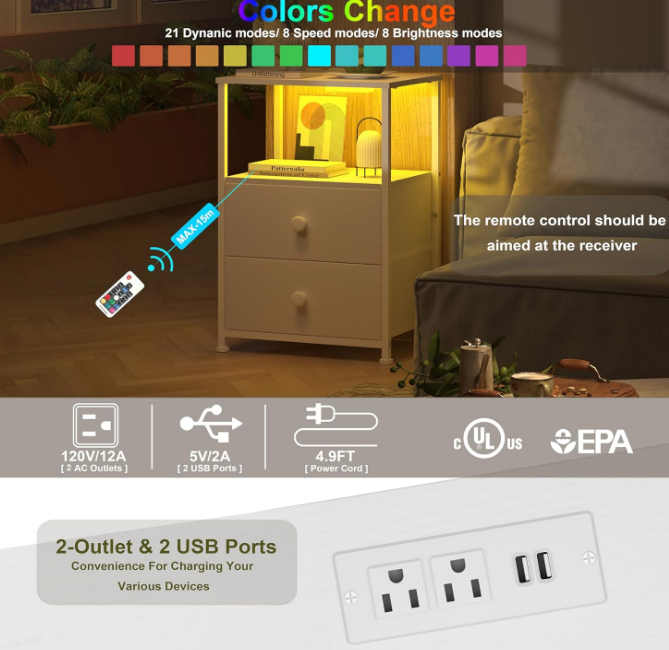 Sofa End Tables with Charging Station LED Light Nightstand Bedroom Bed Side Dresser with Fabric Drawers Open Storage Shelf Living Room with USB Ports and Outlet (White, 1 Pack)