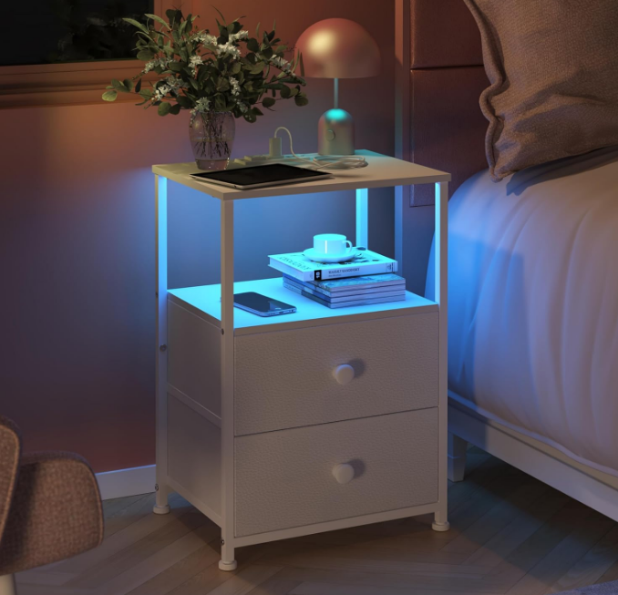 Sofa End Tables with Charging Station LED Light Nightstand Bedroom Bed Side Dresser with Fabric Drawers Open Storage Shelf Living Room with USB Ports and Outlet (White, 1 Pack)
