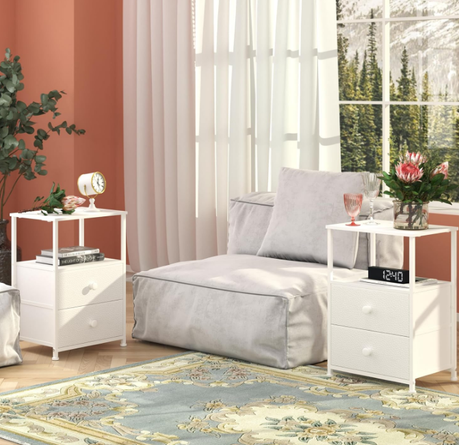 Sofa End Tables with Charging Station LED Light Nightstand Bedroom Bed Side Dresser with Fabric Drawers Open Storage Shelf Living Room with USB Ports and Outlet (White, 1 Pack)
