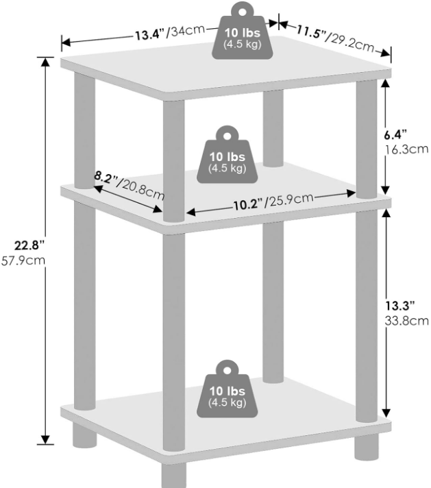 Just 3-Tier Turn-N-Tube Open Storage Nightstand, 1-Pack, Plastic Poles, Americano/Black