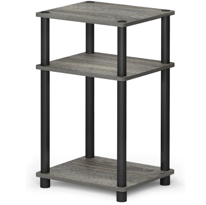 Just 3-Tier Turn-N-Tube End Table / Side Table / Night Stand / Bedside Table with Plastic Poles, 1-Pack, French Oak Grey/Black
