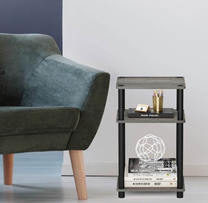 Just 3-Tier Turn-N-Tube End Table / Side Table / Night Stand / Bedside Table with Plastic Poles, 1-Pack, French Oak Grey/Black