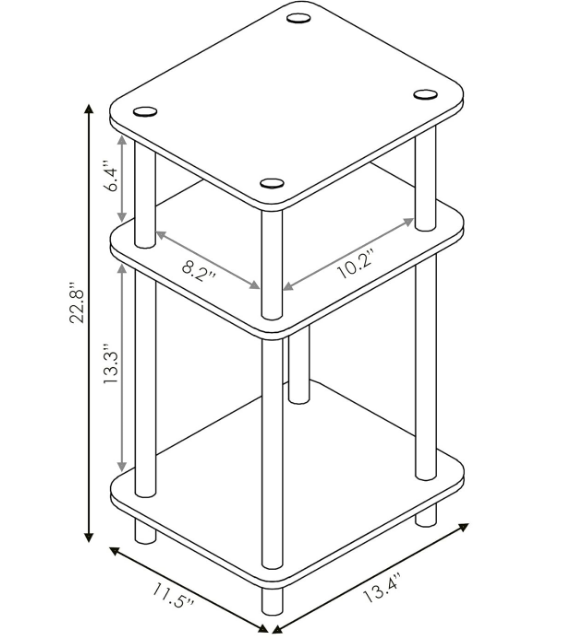 Just 3-Tier Turn-N-Tube End Table / Side Table / Night Stand / Bedside Table with Plastic Poles, 1-Pack, French Oak Grey/Black