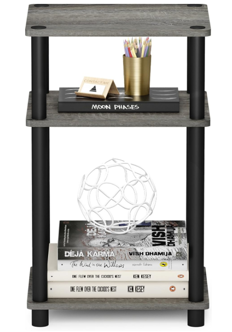Just 3-Tier Turn-N-Tube End Table / Side Table / Night Stand / Bedside Table with Plastic Poles, 1-Pack, French Oak Grey/Black