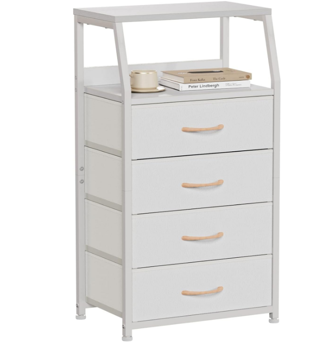 Tall 4 Drawers Dresser, Vertical Storage Tower for Bedroom, Hallway, Entryway, Nursery, Closet Organizer, Nightstand Bedside Table Furniture, Sturdy Steel Frame, Wood Top, White