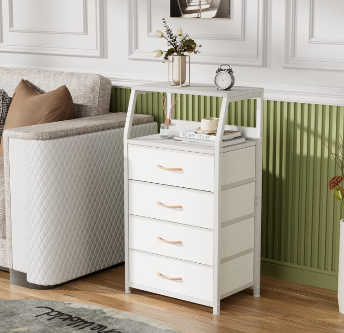 Tall 4 Drawers Dresser, Vertical Storage Tower for Bedroom, Hallway, Entryway, Nursery, Closet Organizer, Nightstand Bedside Table Furniture, Sturdy Steel Frame, Wood Top, White