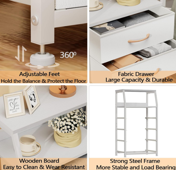 Tall 4 Drawers Dresser, Vertical Storage Tower for Bedroom, Hallway, Entryway, Nursery, Closet Organizer, Nightstand Bedside Table Furniture, Sturdy Steel Frame, Wood Top, White