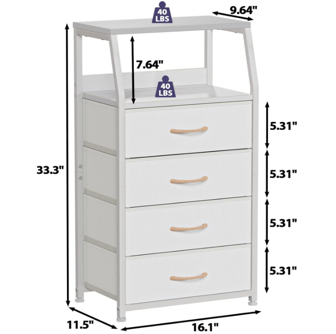 Tall 4 Drawers Dresser, Vertical Storage Tower for Bedroom, Hallway, Entryway, Nursery, Closet Organizer, Nightstand Bedside Table Furniture, Sturdy Steel Frame, Wood Top, White