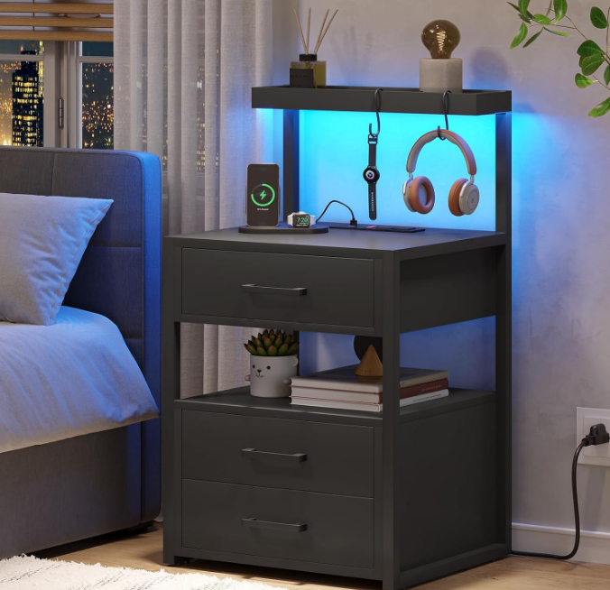 Led Nightstand with Charging Station, 3 Drawers Night Stands with Led Lights, Black Bedside Tables with Storage Shelves, Modern End Side Tables for Bedroom, Office