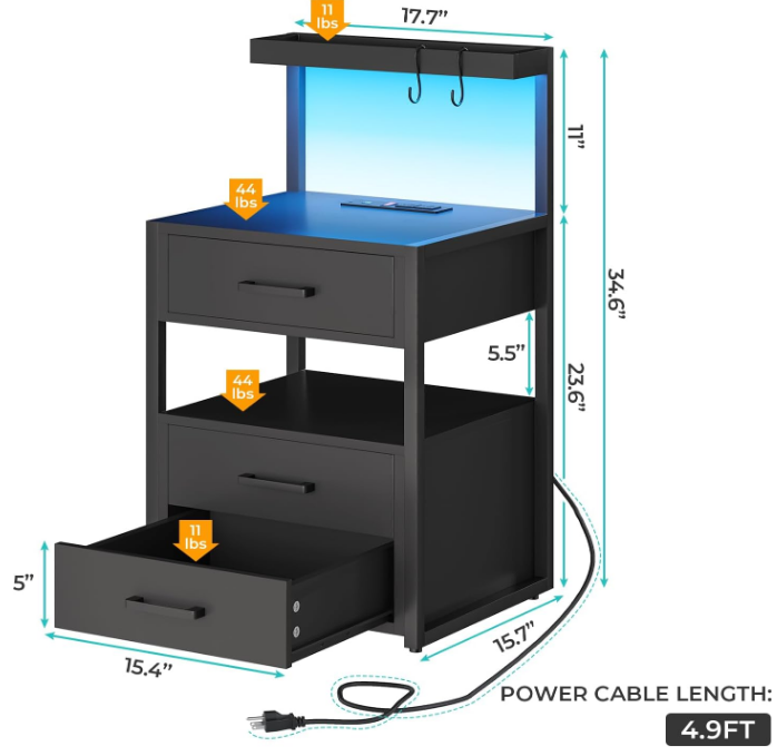 Led Nightstand with Charging Station, 3 Drawers Night Stands with Led Lights, Black Bedside Tables with Storage Shelves, Modern End Side Tables for Bedroom, Office