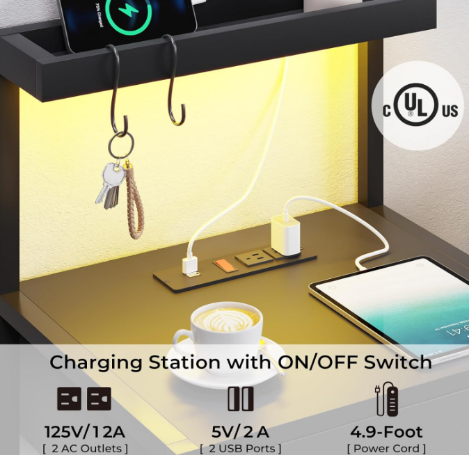 Led Nightstand with Charging Station, 3 Drawers Night Stands with Led Lights, Black Bedside Tables with Storage Shelves, Modern End Side Tables for Bedroom, Office
