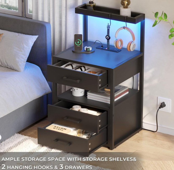 Led Nightstand with Charging Station, 3 Drawers Night Stands with Led Lights, Black Bedside Tables with Storage Shelves, Modern End Side Tables for Bedroom, Office