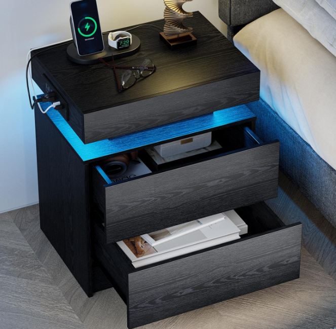 Night Stand with Charging Station, Modern Black Nightstand with LED Light and Drawers, Bedside Tables/End Table for Bedroom
