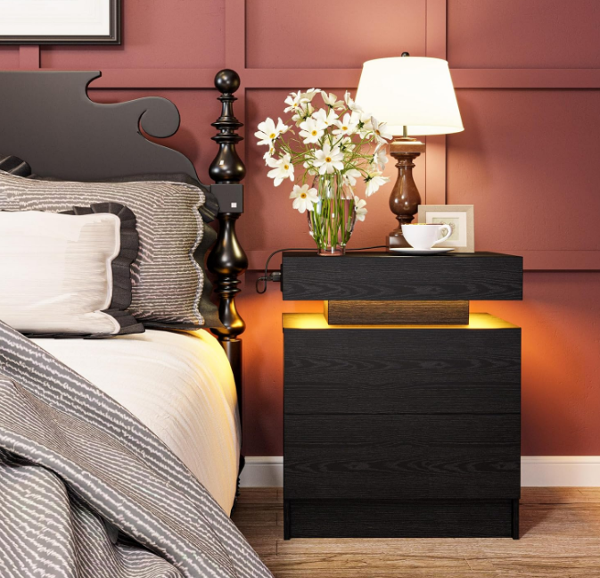 Night Stand with Charging Station, Modern Black Nightstand with LED Light and Drawers, Bedside Tables/End Table for Bedroom