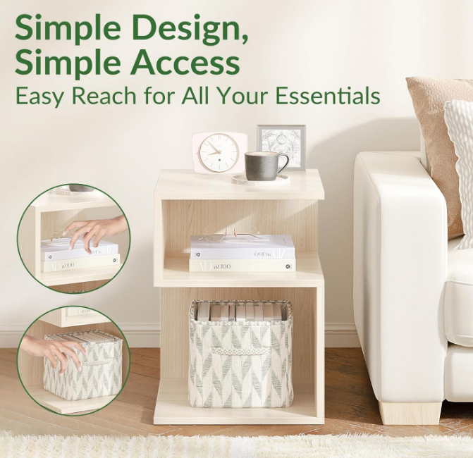 Tokyo S Minimalist 3 Tier End Table - Minimalist 3-Tier Wood Nightstand for Small Spaces with Open Storage - Japanese-Inspired Bedside Table for Bedroom (Natural)