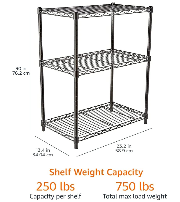 Basics 3-Shelf Adjustable, Heavy Duty Storage Shelving Unit (250 lbs Loading Capacity per Shelf), Steel Organizer Wire Rack, 23.2" L x 13.4" W x 30" H, Black