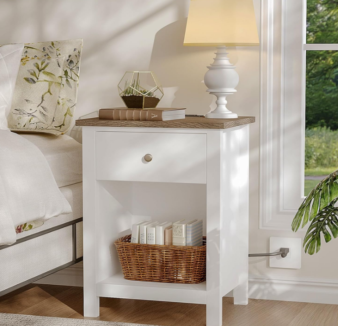 Farmhouse Nightstand with Charging Station, Wooden Top Bedside End Table with Drawer and Storage Space for Bedroom, White