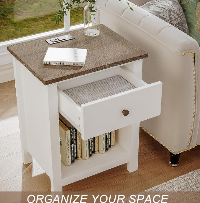 Farmhouse Nightstand with Charging Station, Wooden Top Bedside End Table with Drawer and Storage Space for Bedroom, White