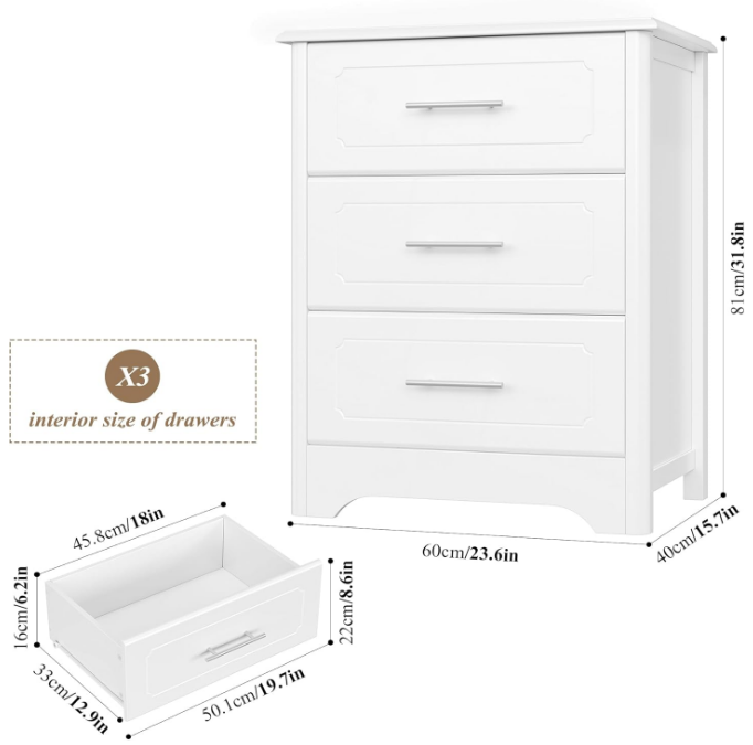 3 Drawer Dresser for Bedroom, 23.62" Wide Modern White Dresser, Tall Nightstand with 3 Deep Drawers, Wood Chest of Drawers, Side End Table for Living Room, Hallway, Home Office