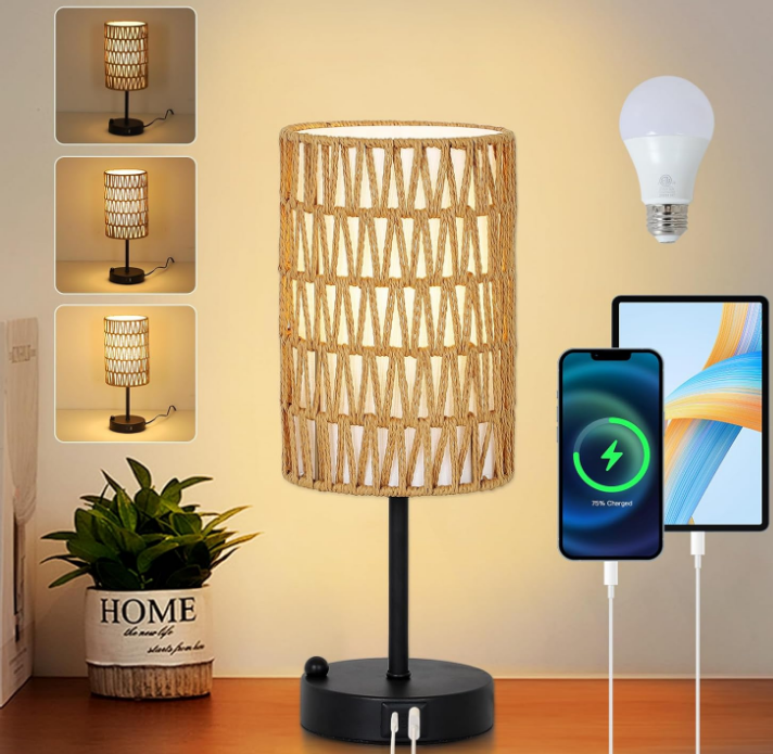 Touch Table Lamp For Bedroom with Bulb, Boho Small Desk Lamp For Living Room With Rattan & Linen Shade, 3 Way Dimmable Bedside Table Lamp For Nightstand With USB Charging Port & Phone Stand For Office