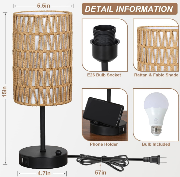 Touch Table Lamp For Bedroom with Bulb, Boho Small Desk Lamp For Living Room With Rattan & Linen Shade, 3 Way Dimmable Bedside Table Lamp For Nightstand With USB Charging Port & Phone Stand For Office