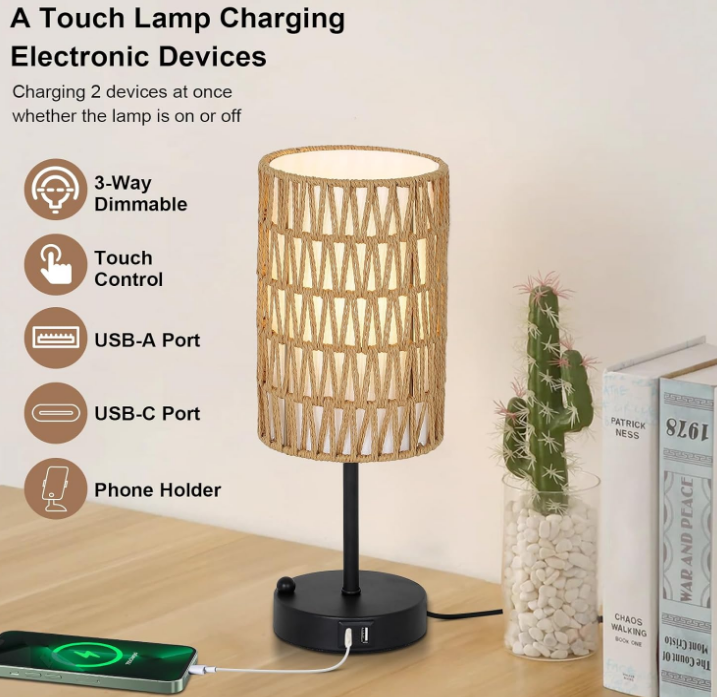 Touch Table Lamp For Bedroom with Bulb, Boho Small Desk Lamp For Living Room With Rattan & Linen Shade, 3 Way Dimmable Bedside Table Lamp For Nightstand With USB Charging Port & Phone Stand For Office