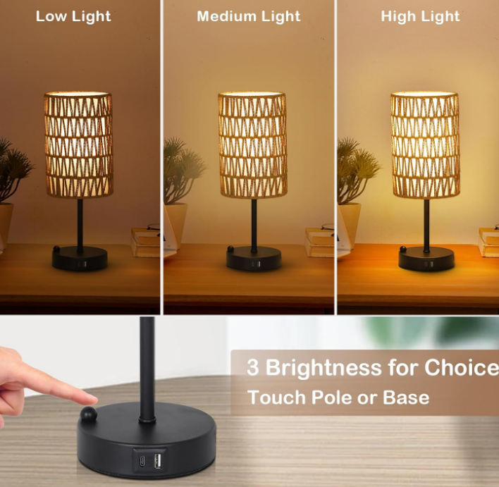 Touch Table Lamp For Bedroom with Bulb, Boho Small Desk Lamp For Living Room With Rattan & Linen Shade, 3 Way Dimmable Bedside Table Lamp For Nightstand With USB Charging Port & Phone Stand For Office