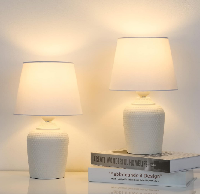 Small Table Lamps Set of 2, Bedside Nightstand Lamps for Bedroom Kid’s Room, Cute Desk Lamps with Studded Texture Base for Reading Nursery Living Room Office, White