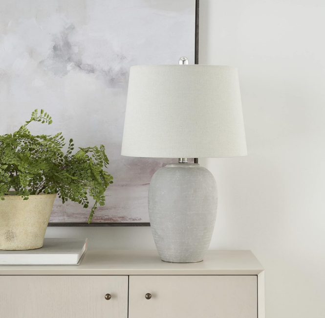 Nourison 23" Grey Vintage Distressed Ceramic Pot Table Lamp for Bedroom, Living Room, End Table, with Grey Tapered Drum Shade