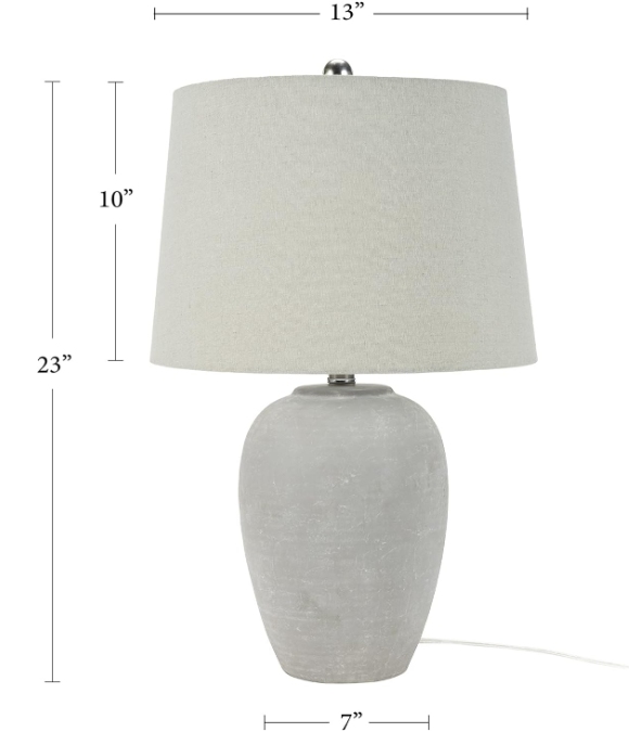 Nourison 23" Grey Vintage Distressed Ceramic Pot Table Lamp for Bedroom, Living Room, End Table, with Grey Tapered Drum Shade