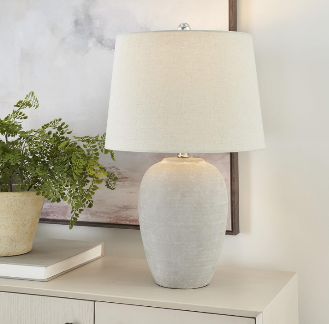 Nourison 23" Grey Vintage Distressed Ceramic Pot Table Lamp for Bedroom, Living Room, End Table, with Grey Tapered Drum Shade
