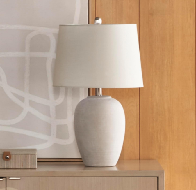Nourison 23" Grey Vintage Distressed Ceramic Pot Table Lamp for Bedroom, Living Room, End Table, with Grey Tapered Drum Shade